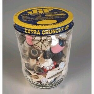 Vintage Extra Crunchy Jif Peanut Butter Jar Full Of Old Buttons Metal Plastic